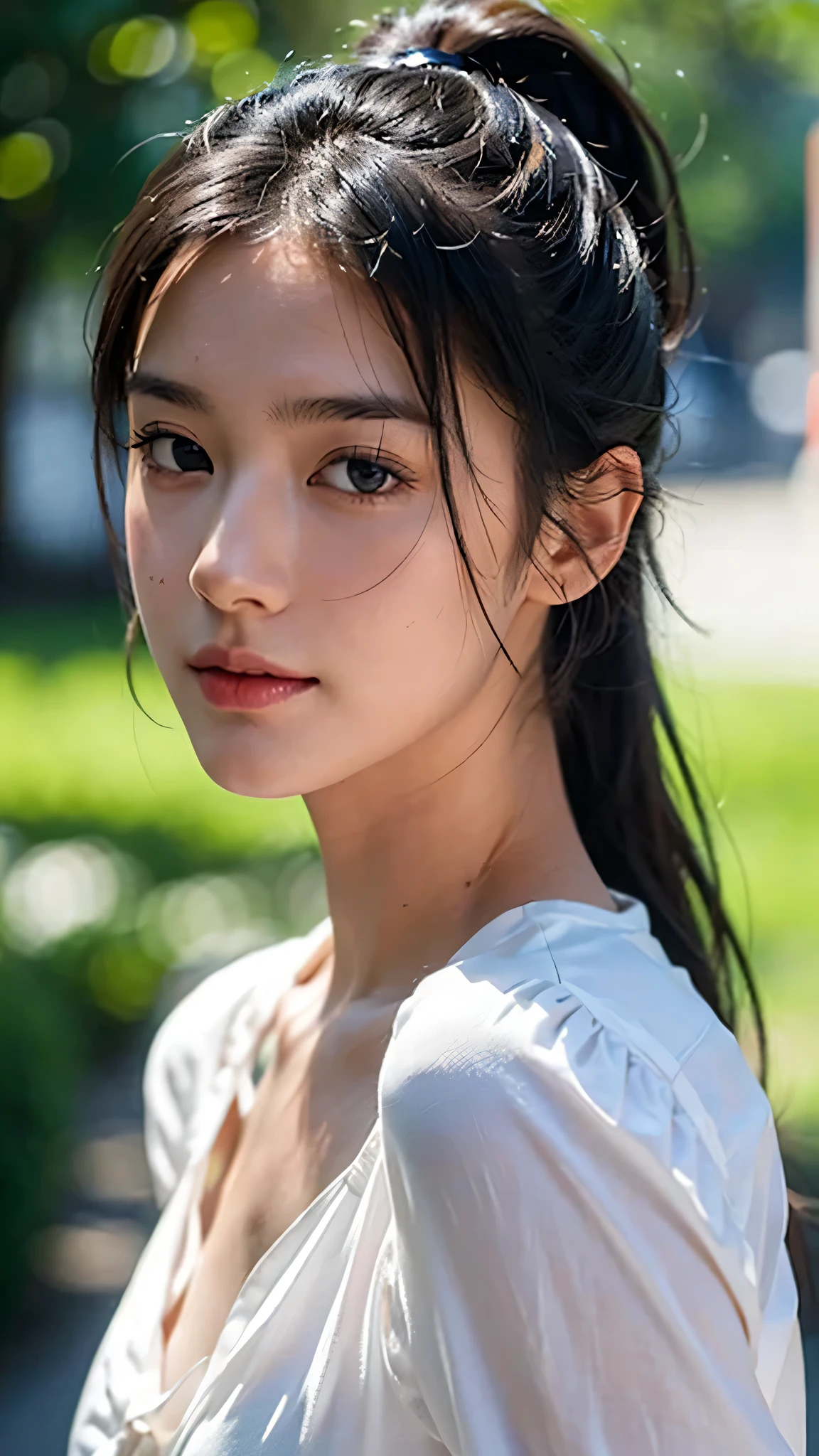dress,outdoors,Urban Park,On the lawn,One woman,close up face,fully body photo,masutepiece, The highest image quality, High quality, the background is clear,Beautiful woman, Japanese, Detailed, Ultra-detailed, finely detail, hight resolution, 8K Wallpaper, Perfect dynamic composition, Beautiful detailed eyes ,Detailed eyes, Detailed skin, Beautiful skin, 超hight resolution, (reality: 1.4),Very beautiful woman, Slightly younger face, Beautiful skin, slender, (Ultra photo realsisim), (hight resolution), (8K), (Very detailed) (beautifully detailed eyes), (super detailed), (Detailed face), view the viewer, Fine details, Detailed face, Staring straight ahead, Staring straight ahead, photos realistic, Bright lighting, Professional Lighting, Black hair,poneyTail,a baby face,sixteen years old,Hairstyle: ponytail,Long ponytail hairstyle,slight smile,
