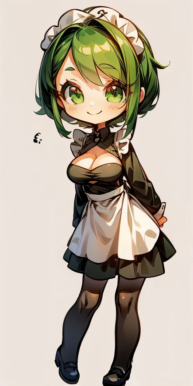 1girl with short green hair, green eyes, maid uniform with decolletage. Smiling, chibi style, big breasts, simple background, hands behind back