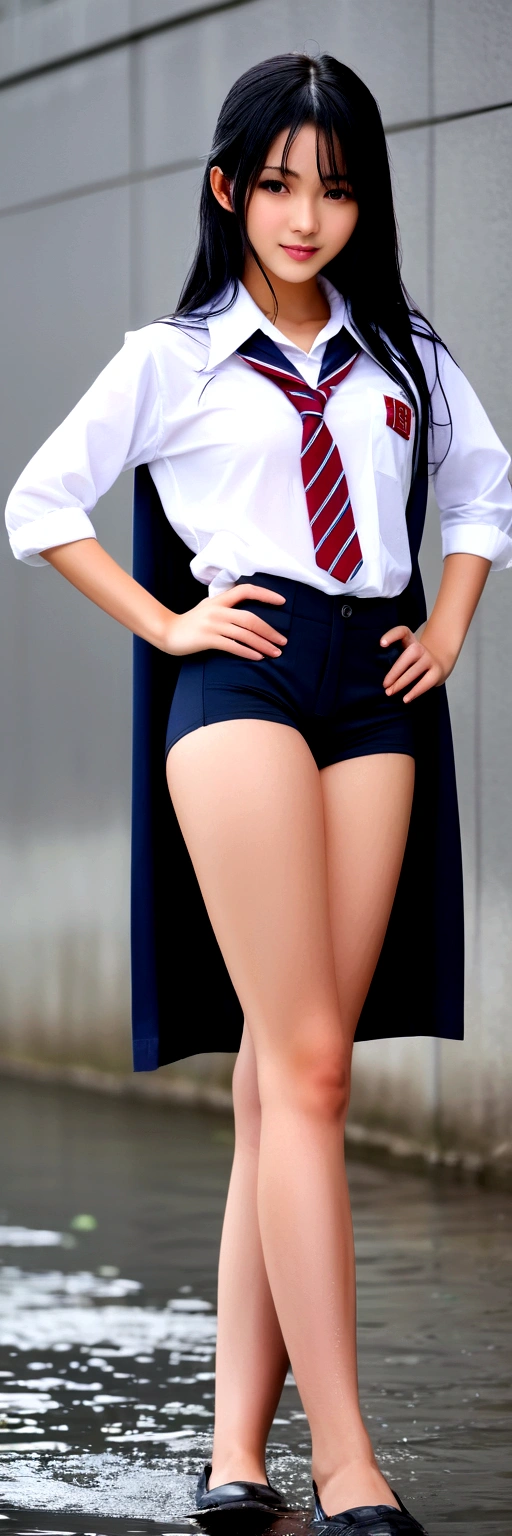 ((Nipples visible through a wet white shirt))、No underwear、Full body view、Long straight black hair、high school student、uniform、sexy、bra、Japanese、、