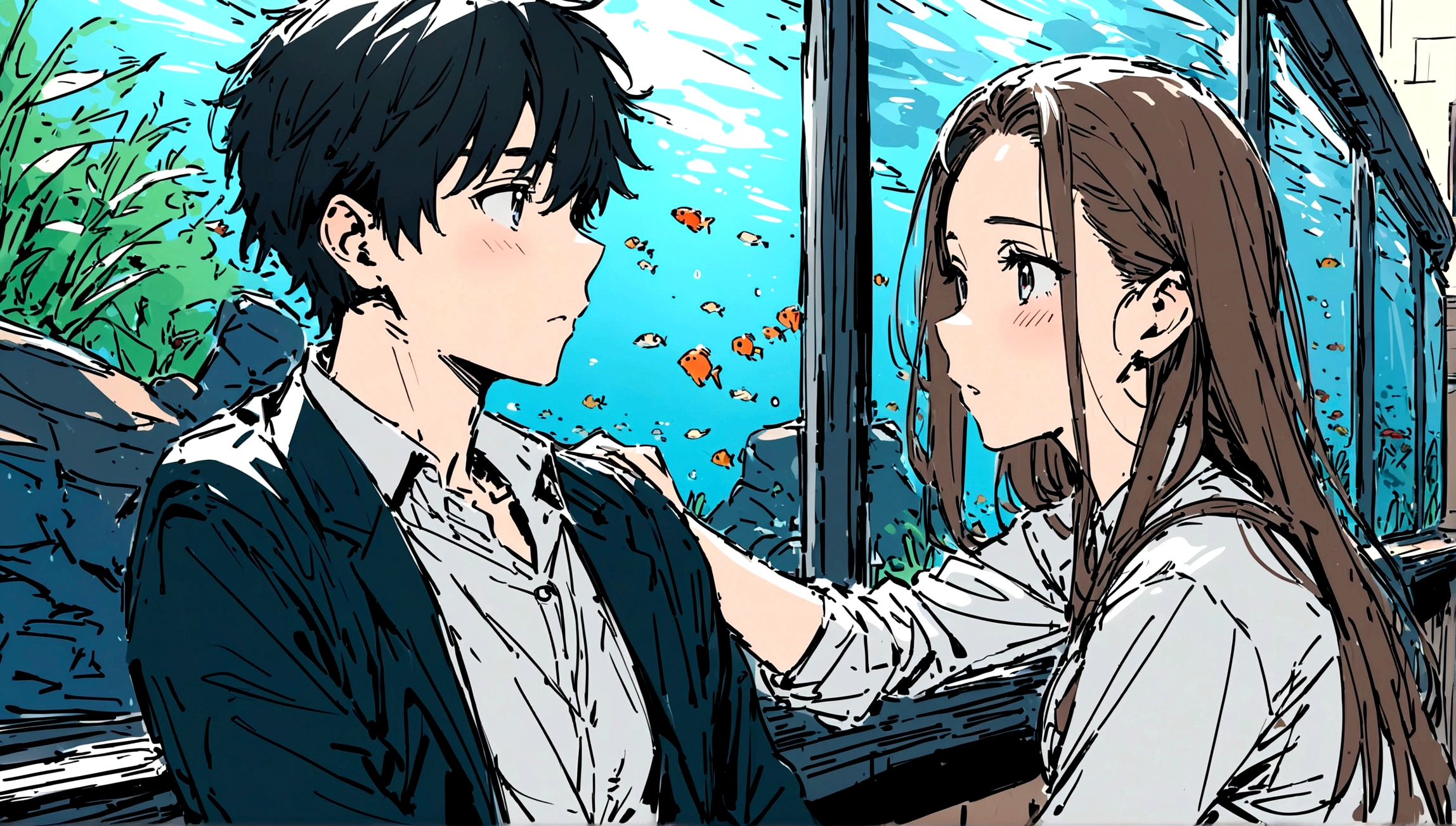 masterpiece,最high quality,Super detailed,High resolution backgrounds,8K,High Resolution,high quality,break,high ,Man and woman couple,aquarium,Japanese manga style, sketch, Colored pencil