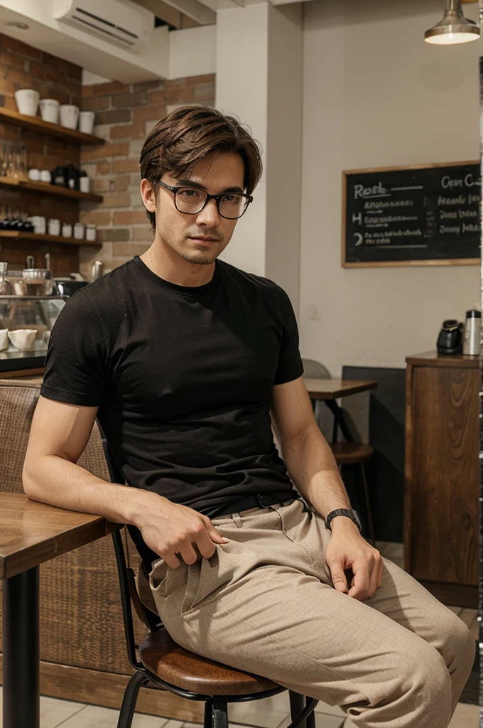 A man is sitting casually in a cafe facing forward wearing a shirt with glasses