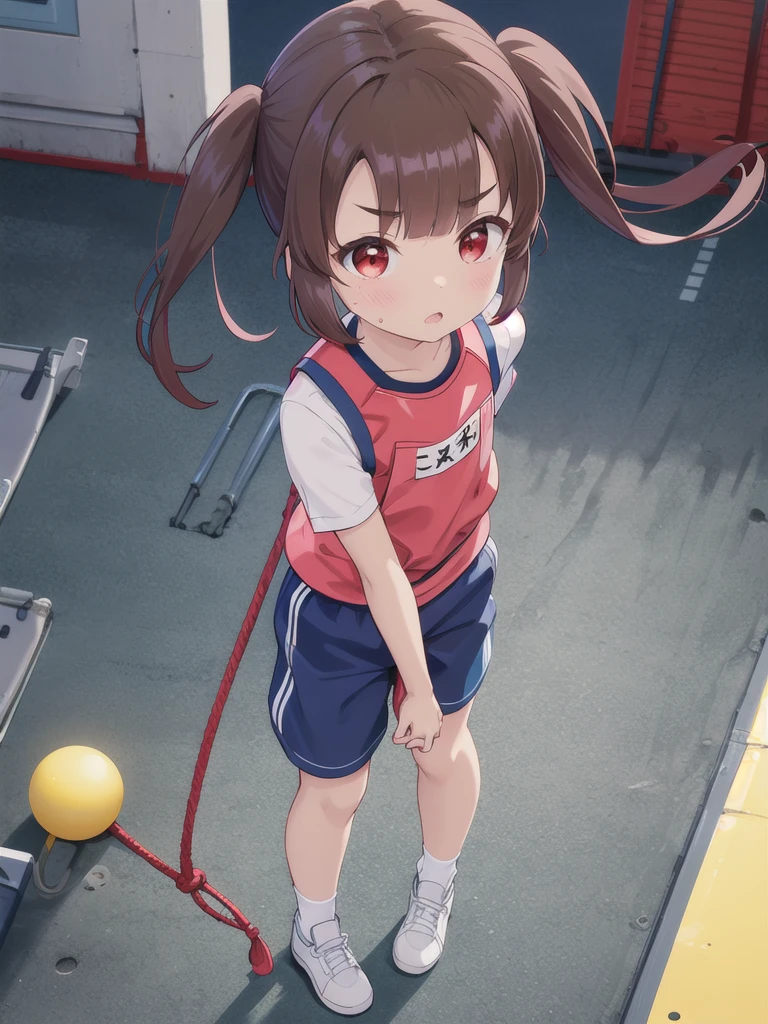 1girl,{{{{A thick brown rope hanging from the sky_cling}}}},Rope climbing,Going up,A view from above,(Aerial),Watching the audience,Outdoor,night,On a grey mat＿Are standing,,Light,White square bib number,White gym clothes,Red life jacket,Red eyes,Long twin tails,Brown Hair,Eyebrows visible through hair,Flat Chest,,Focus on face, 