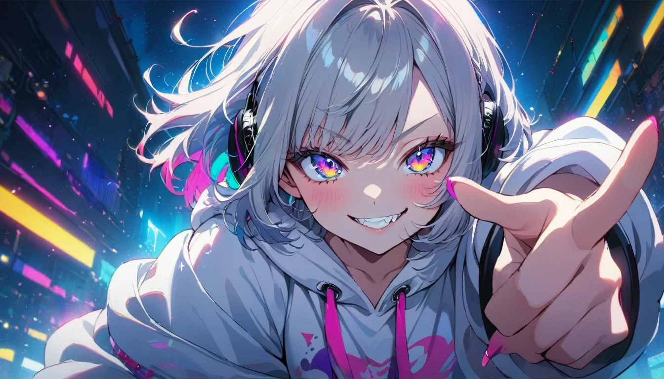 ((Masterpiece)), ((best quality)), (Anime:1.3), (super detail:1.2), (High Definition:1.3), (Professional Photography:1.3), cute young Girl, Glossy unruly hair, (loose swept bangs), (silver ash hair), medium hair, big eyes, (Eye bags:1.3), (Long eyelashes), colorful eyes, (evil smile and blush), Glossy lips, (jagged teeth), ((white hoodie with oversized)), barearms, cute, neon lit, starry night, (pointing finger:1.3), (colorful:1.3), gothic makeup, wearing headphones, full body, dutch angle,
