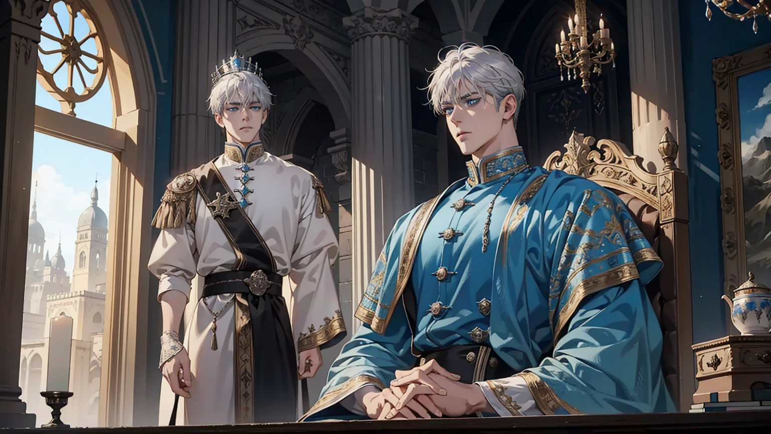 Silver-haired, short hair, the prince sits on a majestic throne inside a majestic palace with a crown. The environment around it is majestic, and next to him stands an old clock.. The throne is richly decorated, with silver and precious stone details, and covered with silver cloth. The protagonist is dressed in royal clothes., with a determined expression on his face, when he looks at the horizon with glowing and piercing blue eyes, masterpiece, Best quality, ultra detailed, illustration, Concept art in 8K resolution, Fantasy art, epic art, concept art wallpaper 4K, deep color, daylight. adult, Beautiful, tall guy, broad shoulders.