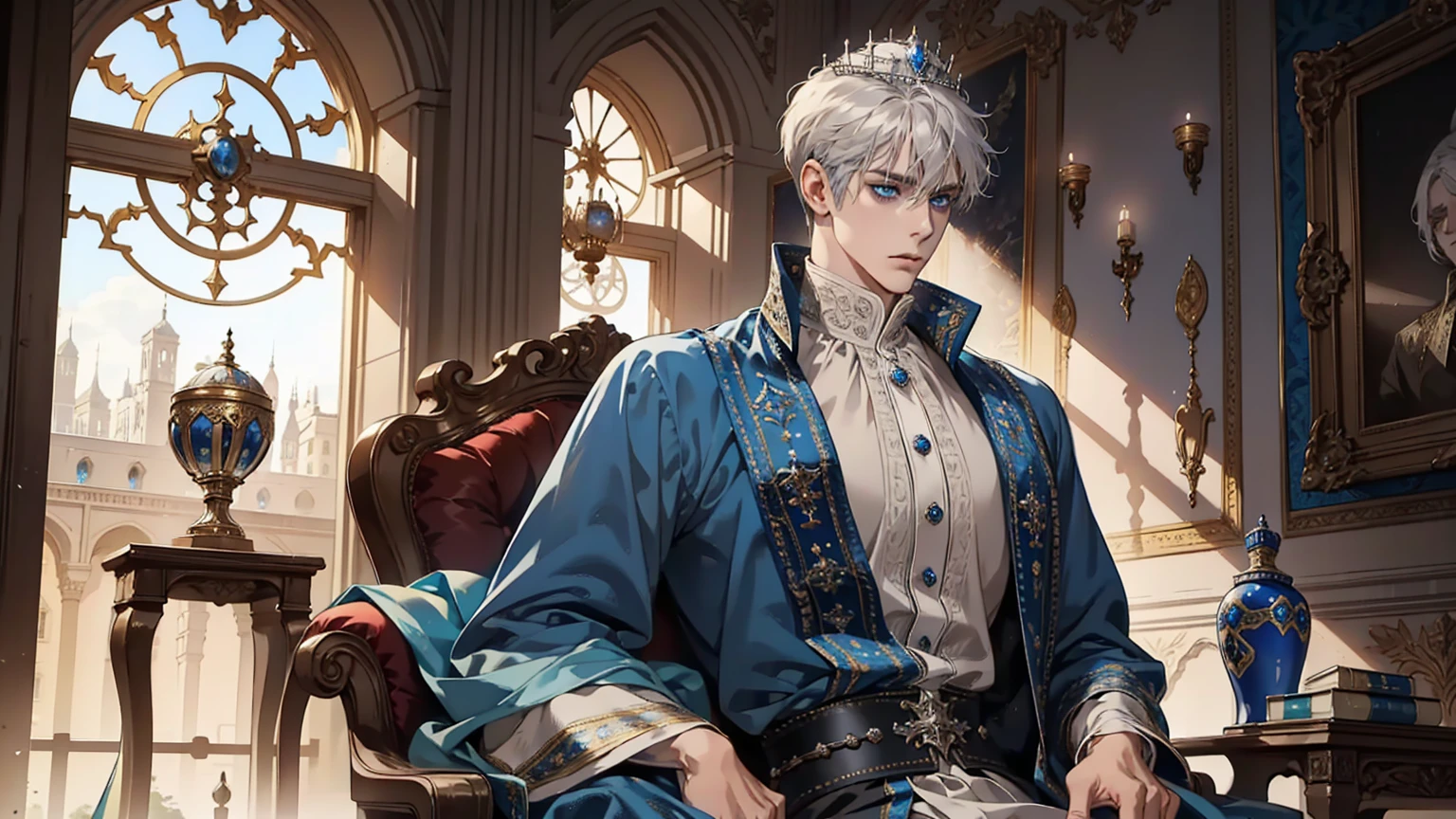 Silver-haired, short hair, the prince sits on a majestic throne inside a majestic palace with a crown. The environment around it is majestic, and next to him stands an old clock.. The throne is richly decorated, with silver and precious stone details, and covered with silver cloth. The protagonist is dressed in royal clothes., with a determined expression on his face, when he looks at the horizon with glowing and piercing blue eyes, masterpiece, Best quality, ultra detailed, illustration, Concept art in 8K resolution, Fantasy art, epic art, concept art wallpaper 4K, deep color, daylight. adult, Beautiful, tall guy, broad shoulders.