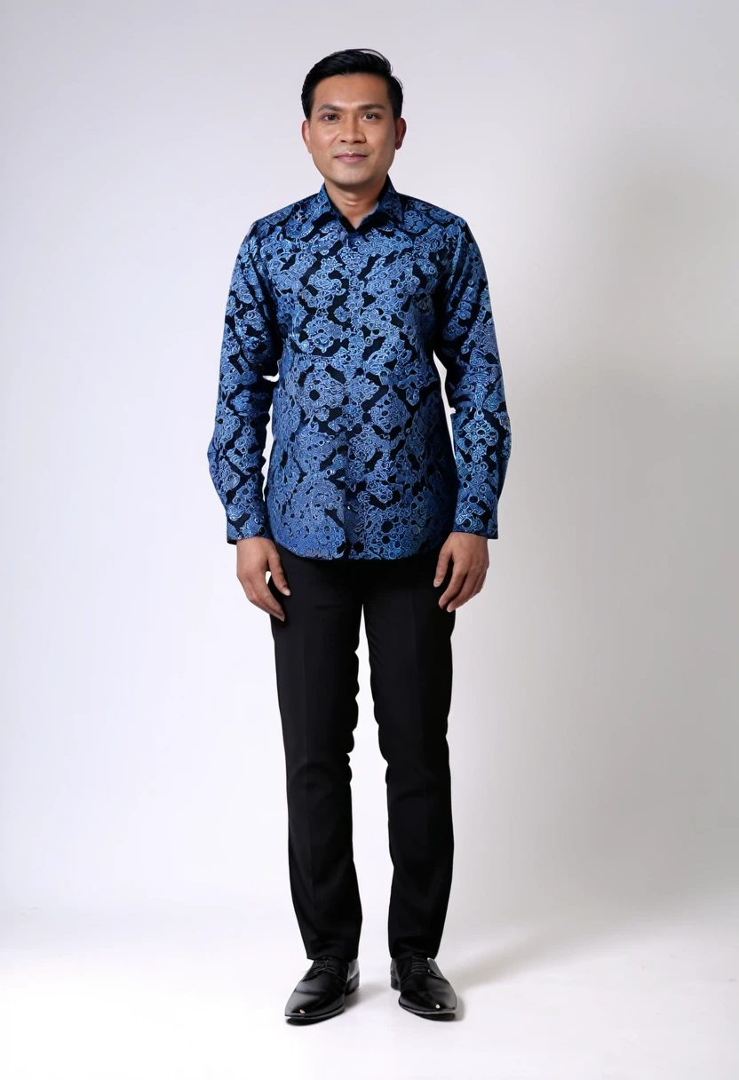 A portrait of an Indonesian man, 35 years old, 173 cm height, standing pose, full body, his body is a little fat, wearing blue batik shirt, black formal trousers and formal shoes, facing the camera, Use white lighting. super hd, realistic, 8k