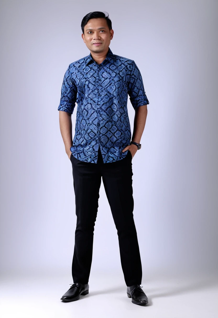 A portrait of an Indonesian man, 35 years old, 173 cm height, standing pose, full body, his body is a little fat, wearing blue batik shirt, black formal trousers and formal shoes, facing the camera, Use white lighting. super hd, realistic, 8k