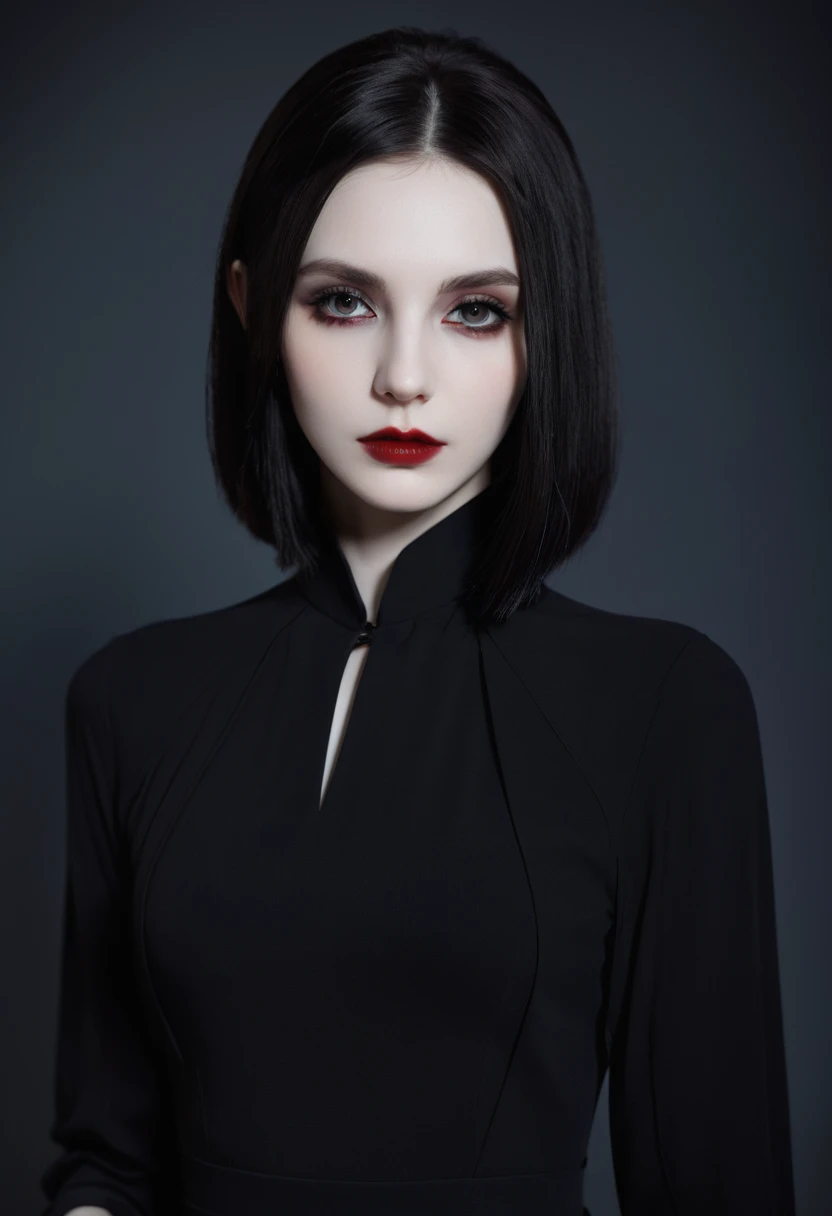 (high quality: 1.3), Lenses, masterpiece, (Clear focus: 1.5), (Reality: 1.3), Medium Portrait (A young beautiful vampire woman, Pale skin, Gothic, Still proud and fierce, Black Straight long Bob Hairstyle, Dark, Wearing a very fine dark tunic, Dark atmosphere, Instead, it uses sharp contrasts of light and dark to create shapes.), It&#39;s night, (Very delicate skin), (Delicate face),  Detailed background, Dim Lights, Dusk lighting, Volumetric Lighting, Intricate details, Ultra HD,