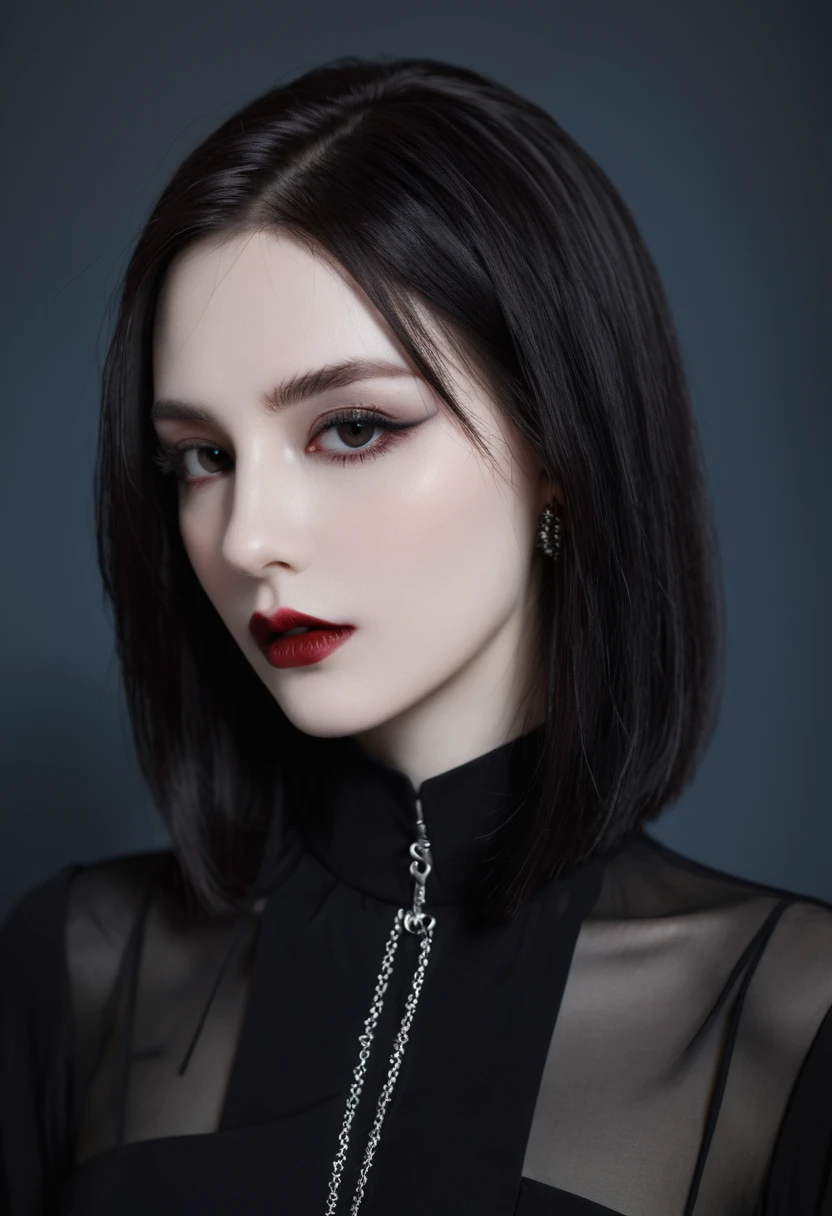 (high quality: 1.3), Lenses, masterpiece, (Clear focus: 1.5), (Reality: 1.3), Medium Portrait (A young beautiful vampire woman, Pale skin, Gothic, Still proud and fierce, Black Straight long Bob Hairstyle, Dark, Wearing a very fine dark tunic, Dark atmosphere, Instead, it uses sharp contrasts of light and dark to create shapes.), It's night, (Very delicate skin), (Delicate face), Detailed background, Dim Lights, Dusk lighting, Volumetric Lighting, Intricate details, Ultra HD,