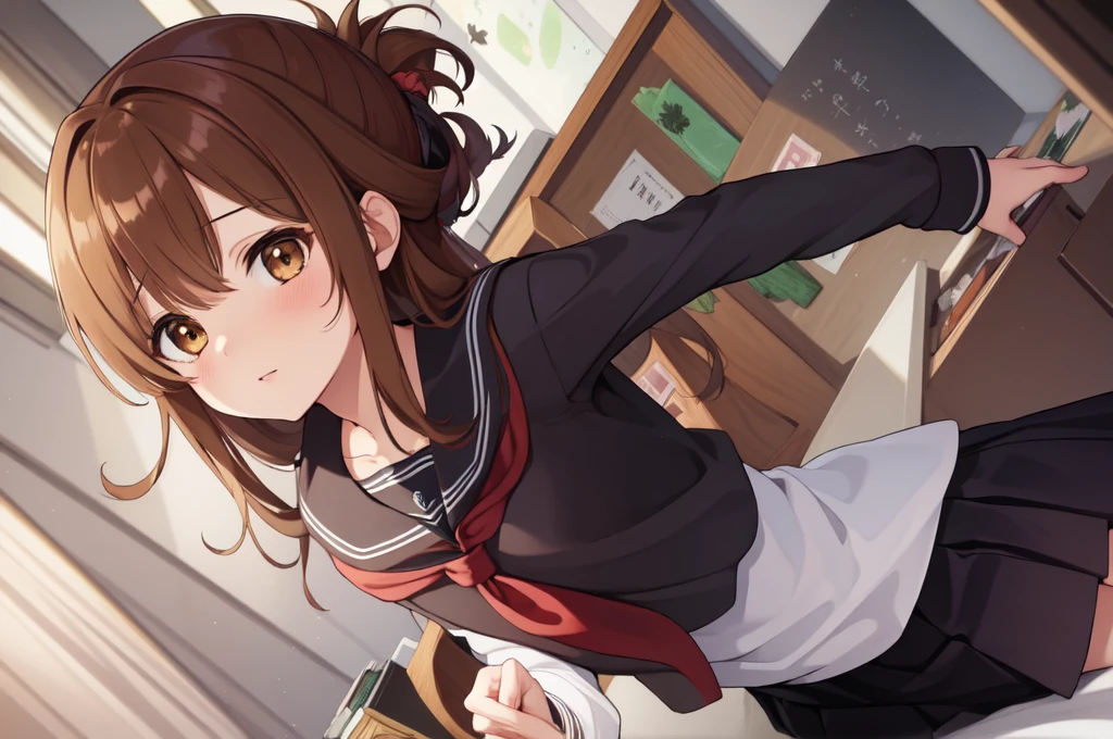 (masterpiece, best quality:1.2),illustration,8k,hd,1girl,solo,upper body,(portrait:1.2),brown_hair,folded_ponytail,brown_eyes,serafuku,long_hair,school_uniform,skirt,pleated_skirt,