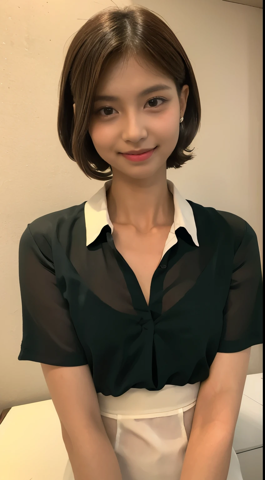 masterpiece, Highest quality, Highest quality, One girl, See-through、alone, View your viewers, , Tezuka Rin, (Amputee without an arm:1.2), Brown Hair, collar, collared shirt, (double amputee:1.2), Green Eyes, katawa shoujo, Red tie, shirt, See-through、short hair, alone, white shirt, Rozhkin, Grin, Accurate teeth with gaps