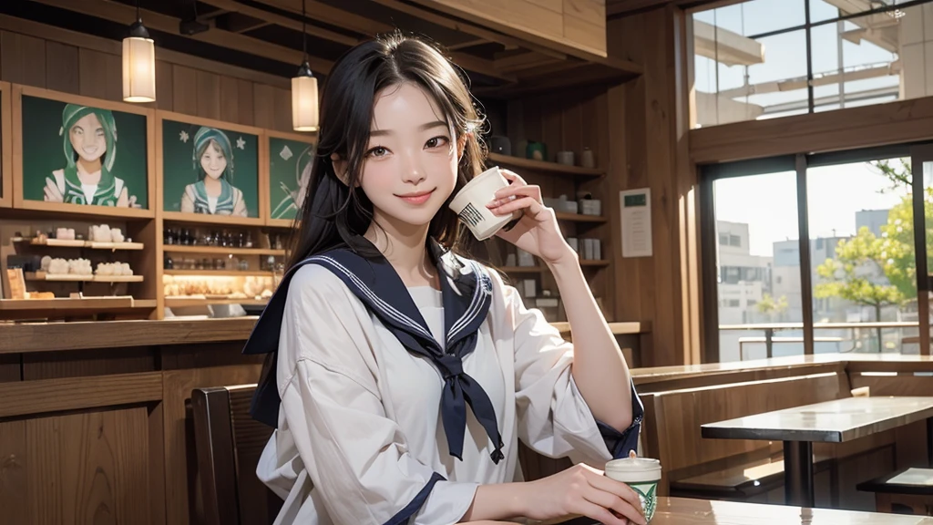 
((((((( in sailor suit)))))))
(((((お洒落でcuteInside the Starbucks store)))))
8K、RAW Photos、Highest quality、Super detailed、Super Resolution、Ultra HD、8K壁紙、Amazing details



(((((((Inside the Starbucks store)))))))、((((((Sit down and eat cake、Drink Starbucks coffee、smile))))))、((Heart Necklace))




Modern and sleek design：Interior design using natural materials、Many of the designs are warm and made using wood and metal.。
Large windows：自然光をたっぷり取り入れるためのLarge windowsがあり、Providing a bright and open space。
Green Interior：Potted plants are effectively placed、It creates a relaxing atmosphere。
artwork：Works by local artists、Starbucks-related art on display。
Cozy seating：Cushioned chairs and sofas、Bar sheet etc.、A variety of seating options available。
Open kitchen area：Being able to see how drinks and food are made、We provide peace of mind and transparency。
Unique lighting：Antique lamps and chandeliers、Modern lighting fixtures are used。
Comfortable background music：Relaxing music is playing、A comfortable space is provided。
Wide々Table space：一人でもグループでも使いやすいWide々There is a table with。
Community Table：There is a large table where you can socialize with other customers.。
Seasonal decorations：The decorations are themed according to the season.。
Design with a local feel：The design incorporates the local culture and characteristics.。
Fragrance production：コーヒーの香りが店内にWideがり、A space that satisfies the five senses has been created.。
Conversation with a barista：フレンドリーなConversation with a baristaが楽しめるカウンターエリアがあります。




8K、RAW Photos、Highest quality、masterpiece:1.2、Super detailed、Super Resolution、Ultra HD、8K壁紙、Amazing details、Photorealistic:1.4、Having fun by the water、Full Body Shot、Full body photo、High-resolution RAW color photos、Professional photos、A scene full of emotion、Very detailed and beautiful、Ultra HD、8K壁紙、Amazing details、Huge file sizes、Highly detailed beautiful girls、Highly detailed face Highly detailed eyes、Extremely realistic skin、 Highly detailed fingers, Highly detailed nose, Highly detailed mouth, Perfect Anatomy, Highly detailed background, Highly detailed clothing, Teen, cute女の子, Famous Japanese Idols, cute, Realistic body, Slender, White skin, Glowing Skin, Slim body, Realistic Face, Delicate eyes, double eyelid, 

