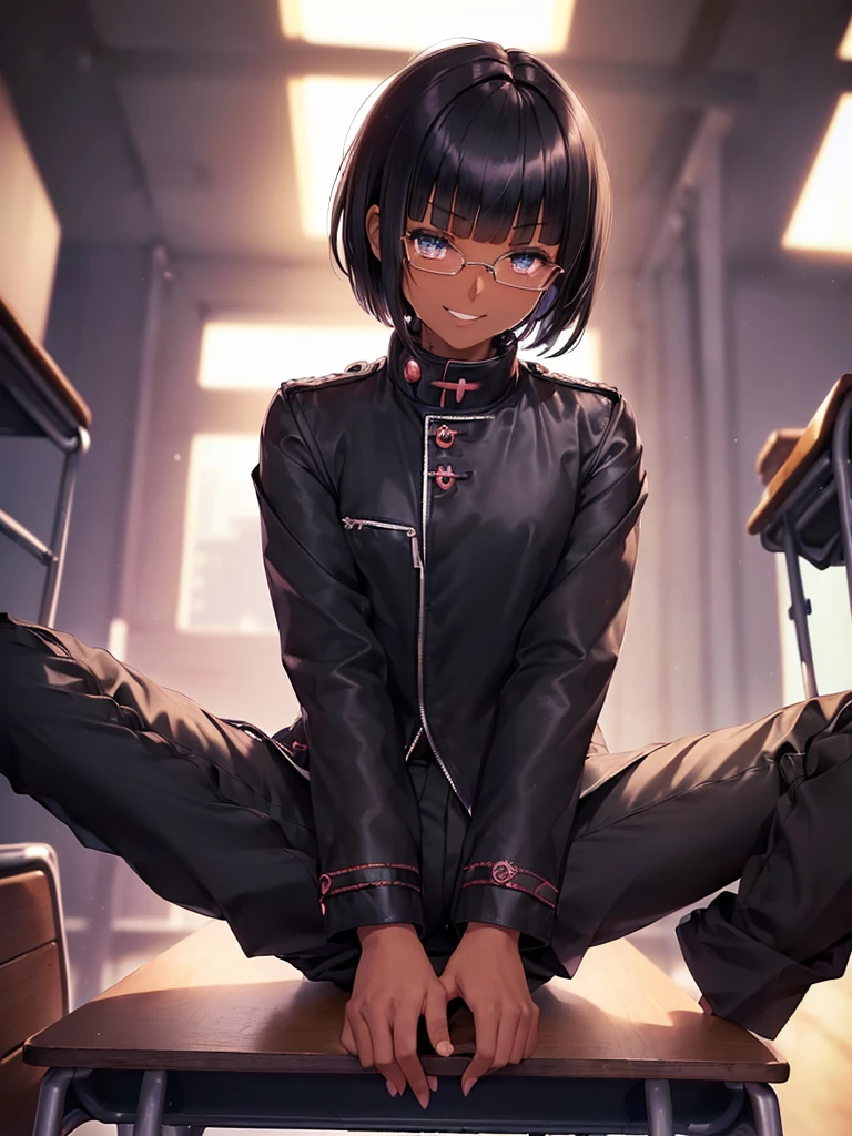 (1 girl solo),(dark skin:1.5),(masterpiece:1.2), highest quality, High resolution, unity 8k wallpaper, (fine and beautiful eyes:1.6), highly detailed face, perfect lighting, Detailed CG, (perfect hands, perfect anatomy),20 years old, (black hair:1.3), detailed eyes, best quality, extremely detailed, very precise detailed, (glasses:1.4), , (straight hair:1.5), (evil smile:1.4) ,long sidelocks, (blush:1.3),(gakuran,long pants:1.5),(very short pixie cut:1.4),(blunt bangs:1.4), (greaming skin:1.3),(in class room:1.3),(sit on desk:1.4),(spread legs:1.5),(flat chest:1.3),open shirt
