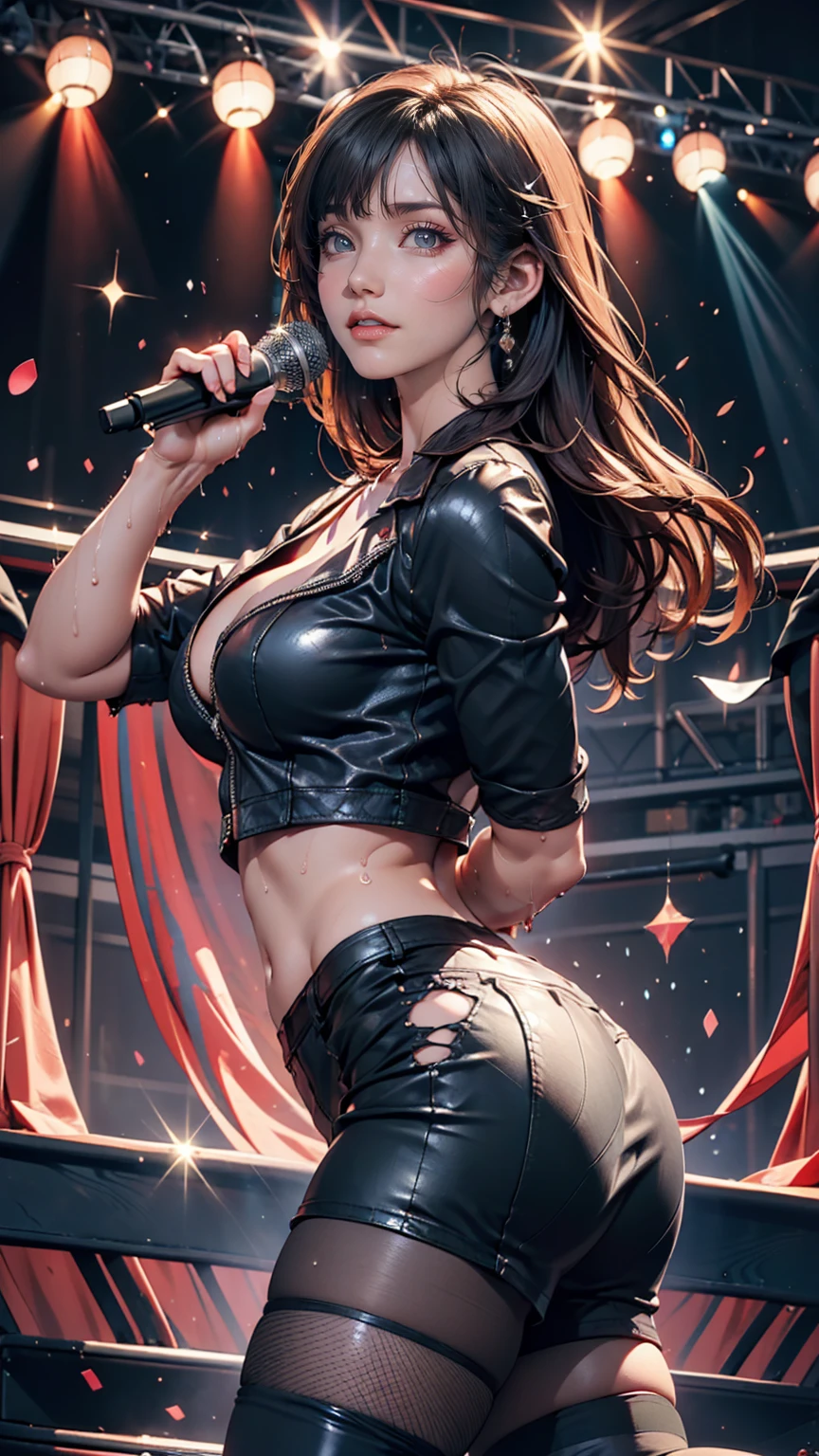 (One girl:1.5), Wearing black fishnet tights, Wearing a black leather jacket, wearing black fishnet tights, Stiletto heel masterpiece, Highest quality, The finest details, Optimal ratio, Best Anatomy, Best Face, Chest of the best shape, Very large breasts , Big Ass, (Tall Girl), (15 year old Swedish ), (Long black hair), ((Female musician with handheld microphone):1.3)), Cowboy Shot, Panty shot, smile, blush, stage(background), ((Singing and dancing):1.4), ((Sweating too much):1.1), Hi-NRGミュージシャン, Torn clothes, Nipples, lips, nose, Pale skin, Silver Hair, blue eyes, Fair breasts, Tight waist, pink Nipples, topless:1.3, Wet clothes, Dark eyelids, Mirror ball,