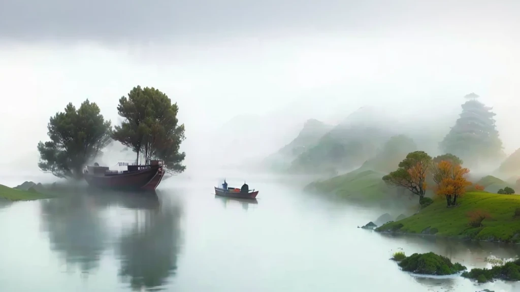 There is a boat floating on the water in foggy weather, In the peaceful scenery, Water mist, by Jiang Tingxi, On the misty lake, Water mists, Water mist, Peaceful and tranquil, floating in fog, by Cheng Jiasui, Pan Tianshou, by Xie Shichen, The scenery is peaceful!!