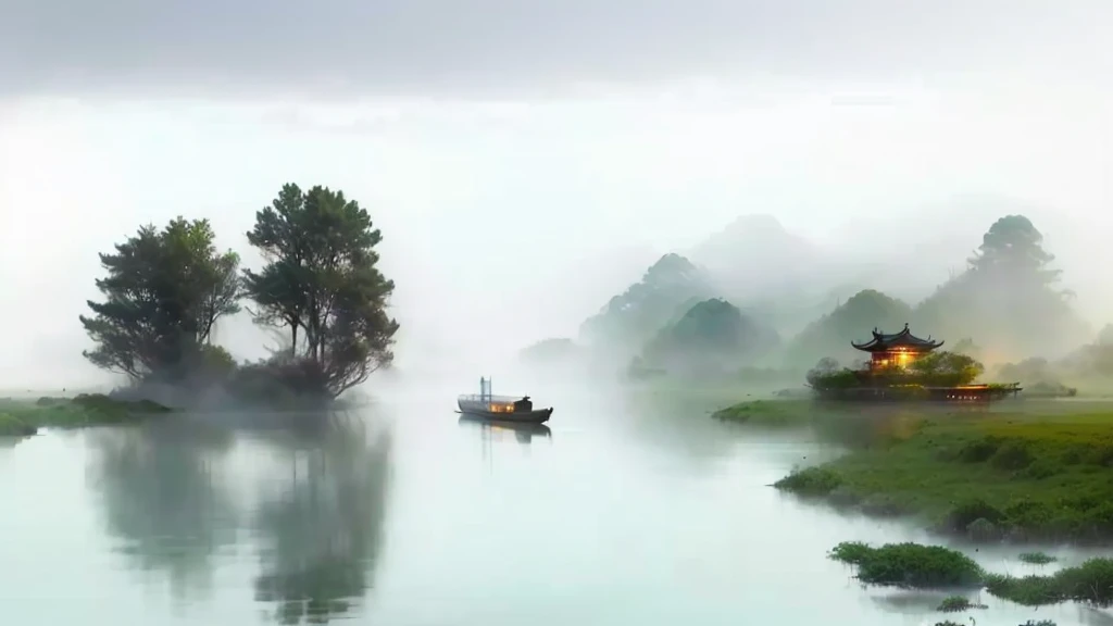 There is a boat floating on the water in foggy weather, In the peaceful scenery, Water mist, by Jiang Tingxi, On the misty lake, Water mists, Water mist, Peaceful and tranquil, floating in fog, by Cheng Jiasui, Pan Tianshou, by Xie Shichen, The scenery is peaceful!!