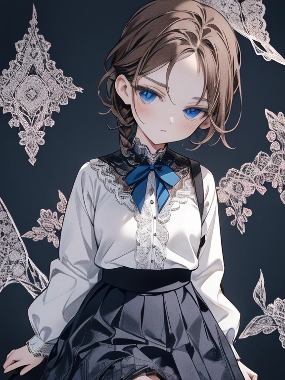 masterpiece, Highest quality, Very detailed, 16K, Ultra-high resolution, Cowboy Shot, 17-year-old female, Detailed face, blue eyes, Brown Hair, (french braid), White blouse, sweater, Best, (Checkered lace skirt:1.4), (Abstract expressionism:1.2)