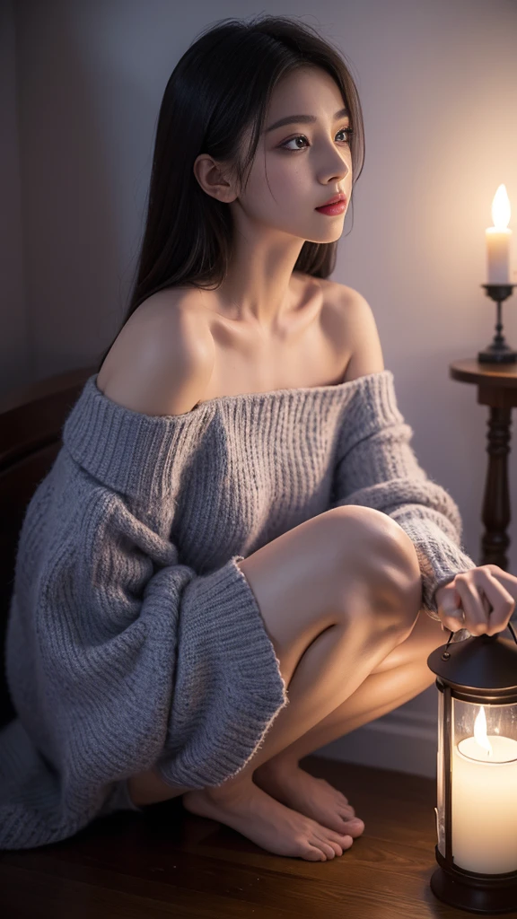 ilgi, (masterpiece, best quality:1.2), 1 girl, Solitary, ((Off-shoulder clothes)), ((night)), lantern, Candlelight, Deep in Wonderland，Moonlight falls like water，Foggy Room，The heroine&#39;s figure is vaguely visible，Like a fairy in a painting，Slender sexy legs，Very beautiful legs，Show sexy，Large Breasts，美丽而又带着一丝mystery的色彩。Her face is beautiful and delicate，Like a finely carved jade，Showing extraordinary beauty。The eyebrows are so pretty，The waves in my eyes are like twinkling stars，Show the light of perseverance and wisdom。The bridge of the nose is straight，Cherry lip color，The slightly upturned corners of the mouth reveal confidence and calmness。Her face is chiseled，Skin like jade，Reveal healthy glow，Just like fairies, She never eats fireworks in this world。Her makeup is light and delicate，No excessive embellishment，But it is enough to show her temperament and charm。Light foundation highlights the translucence of the skin，A light eyebrow pencil outlines her perfect eyebrow shape，Eye makeup is eye shadow and eyeliner，Make her eyes brighter、Energetic。嘴唇涂上grace的口红，Add a touch of charm and sophistication。她的衣服grace别致，Clothes fluttering，As if the wind will blow it up at any time，Drifting away。既不失grace，She also demonstrated her extraordinary skills。Swaying with her movements。Her hair was tied back casually.，Secure with a jade hairpin，A few strands of hair fluttering gently in the wind，Add a touch of softness。Her figure looms in the fairyland，宛如一道Large Breasts美丽的风景线，Attracted everyone&#39;concern。She seems like a fairy in wonderland，Large Breasts美丽、grace、mystery、Full of power。