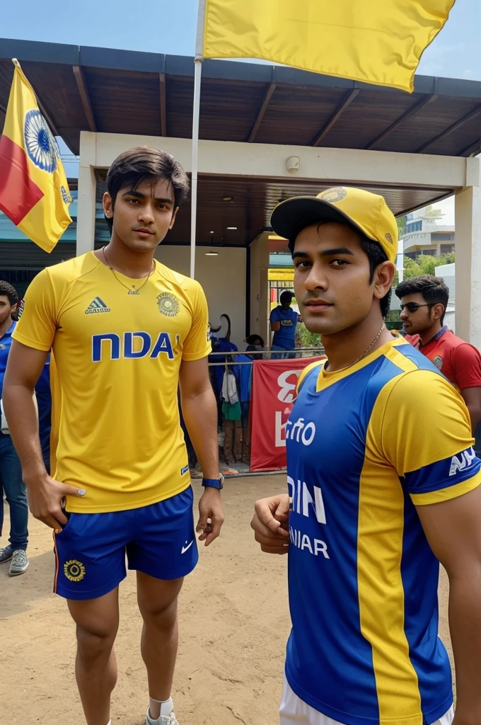 A  Pti fan Young Boy Wearing yellow Colour T-shirt With Name “YASH” is written, boy standing with dhoni and 11 player with yellow jersey and dhoni take a ipl trophy, The boy is holding a iphone 15 pro max mobile and taking a selfie with him, indian Flags are Flying in the Back of them And Have Many  cricket Supporters there, 3D art painting 