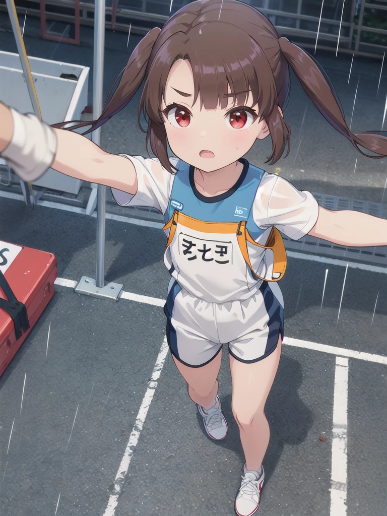 1girl,{{{{A thick brown rope hanging from the sky_cling}}}},Rope climbing,Going up,A view from above,(Aerial),Watching the audience,Outdoor,night,rain,On a grey mat＿Are standing,White square bib number,White gym clothes,Red life jacket,Red eyes,Long twin tails,Brown Hair,Eyebrows visible through hair,Flat Chest,,Focus on face, 