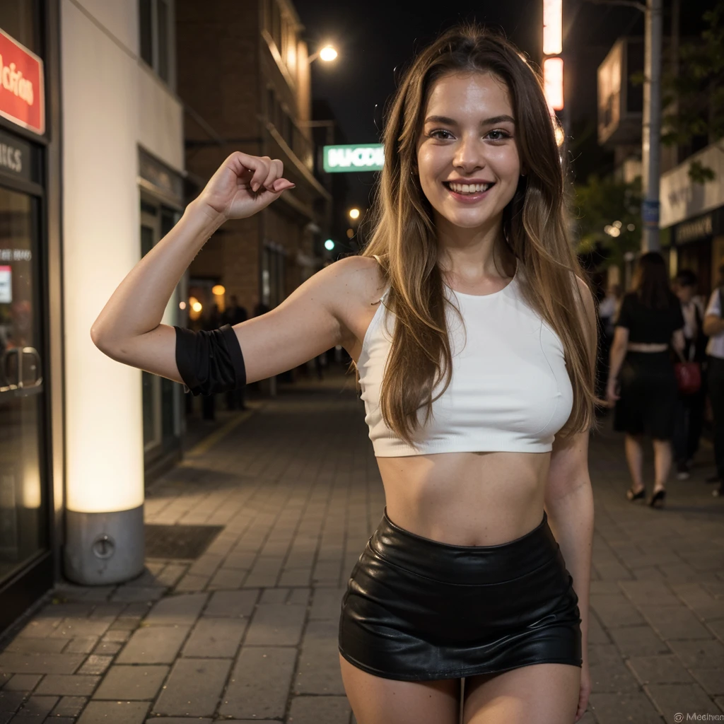 ((best quality)), ((masterpiece)), (detailed), one girl with long blond hair, laugh in night street, black crop top, black skirt