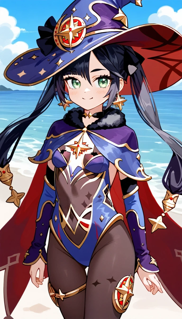 masterpiece,Ultra HD,score_9, score_8_superior, score_7_superior, score_6_superior,score_4_superior BREAK source_anime,可愛いanimeイラスト, One girl, alone, Mona XL, Long black hair, Green Eyes, tsurime, Twin tails, Medium chest, Witch Hat, Body stockings, leotard, Elbow hand pockets, Thigh guard, fur-trimmed capelet,beach,View your viewers,smile,lie down,