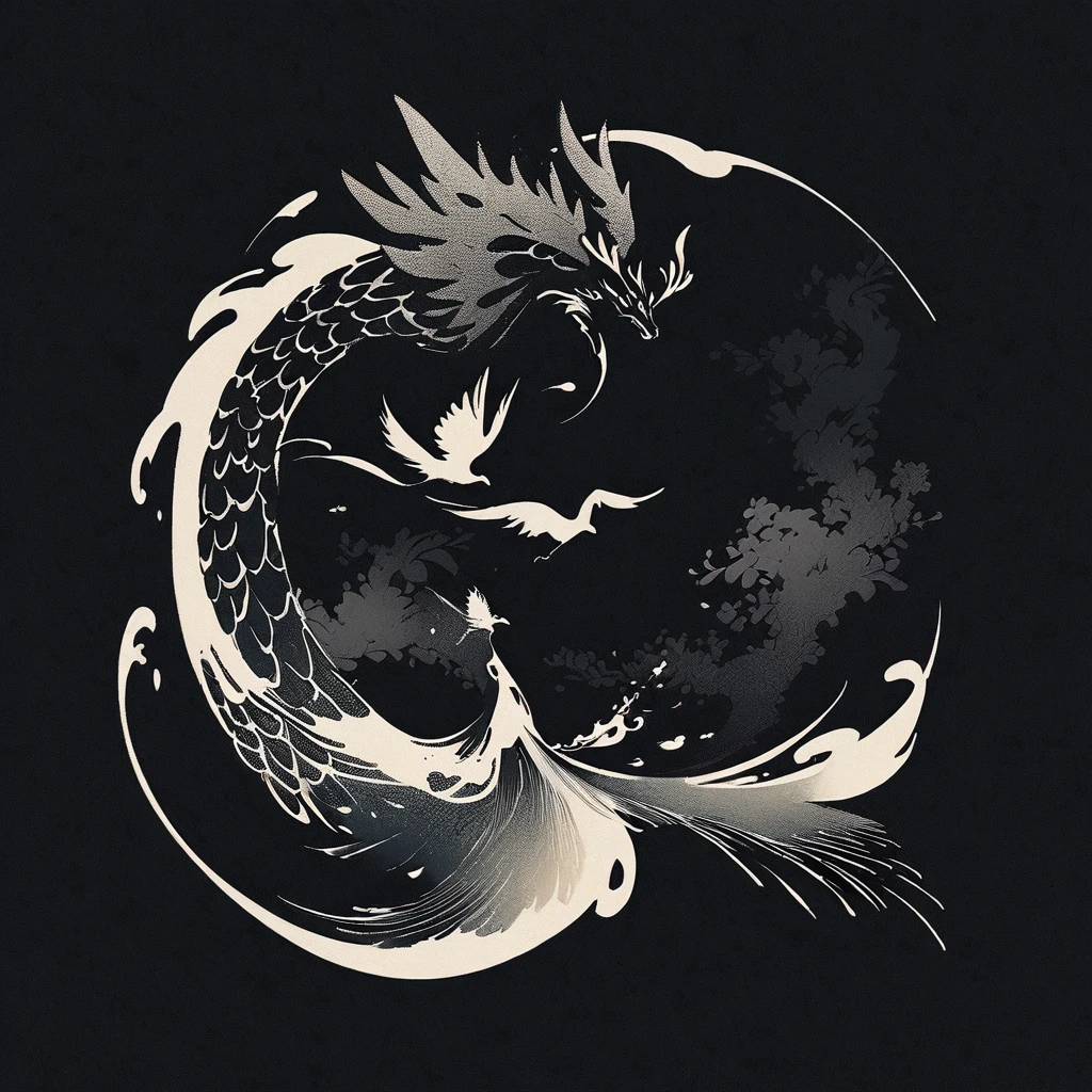 simple,Minimalist illustration,Flying phoenix and dragon,The artwork’s medium is reminiscent of Japanese ink painting......, 具有大胆的笔触和Monochromatic color palette. artist'The technical virtuosity shows the intensity and power of the image'Presence,with the highest quality, Ultra-high resolution captures every detail perfectly. The textures and intricate patterns on the kimonos are reproduced with extreme accuracy. Lighting is carefully designed,Enhance the drama, With dark shadows and subtle highlights. General, The artwork exudes elegance and power, Combining traditional Japanese aesthetics with a modern feel. Monochromatic color palette, Combining details, Create engaging and immersive experiences for your audience.