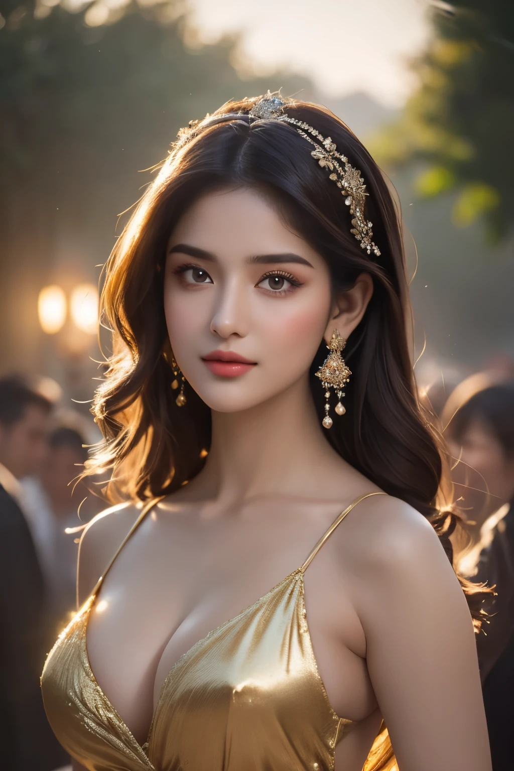 An unparalleled masterpiece of ultra-realistic illustration, captured in the enchanting embrace of twilight's soft glow. Amidst the sienna-kissed hues of the 8K resolution canvas, an Iranian beauty emerges with a breathtaking presence that transcends reality. Her sharp, highly detailed facial features reveal an expression of poise and inner peace, with glossy eyes that shimmer with the wisdom of ages and the spark of a mythical being. The iridescent and luminescent scales of her skin, a testament to her divine nature, shimmer in the volumetric light that dances around her, casting ethereal auras and rays that enhance the surreal beauty of the scene. Her natural, large-medium breasts are framed by an exquisitely detailed cleavage, a harmonious fusion of the human form with the grandeur of Art Nouveau sophistication. Her dark brown hair, meticulously drawn with each strand accounted for, is swept into an elegant bun that speaks volumes of her refined grace. The traditional Arab dress and veil she dons are reimagined with a 1930s Hollywood chic flair, showcasing an unforgettable synthesis of cultures. The garments cling to her figure with a stunning realism, revealing the very molecular textures of the fabric as it kisses her flawless skin. The environment around her is a symphony of vivid colors and highly detailed elements, creating a perfect composition that whispers tales of an era long past yet forever etched in the present. Her surroundings, bathed in UHD clarity, serve as a backdrop that amplifies the energy radiating from her being. Each detail, from the intricate patterns of her attire to the vibrant hues reflecting off her skin, is rendered with such precision that it seems as if she could step out of the frame at any moment. This is not just a depiction of a woman, but a celebration of the ultimate beauty, an allegory of cultural richness, and a vision of pure perfection that leaves the viewer utterly spellbound.