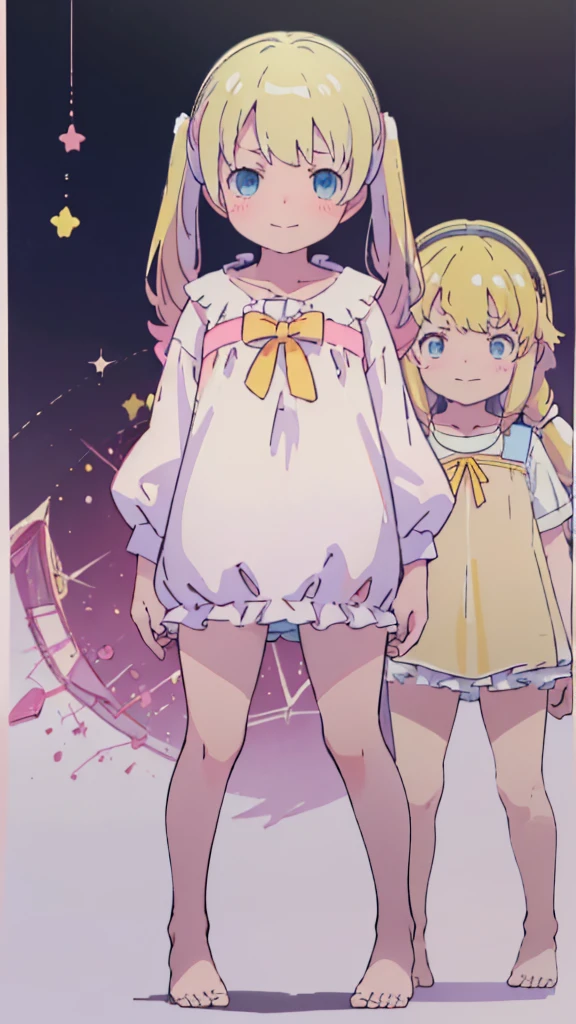 ((masterpiece))((Highest quality))girl、smile、blush、Flat Chest、Are thin、、low length、Blonde、Long twin tails、Embarrassed、Are standing、Angel clothes、Whole body image、Even your toes are visible、Eye level on face、front、No background、mayonnaise、真frontのアングル