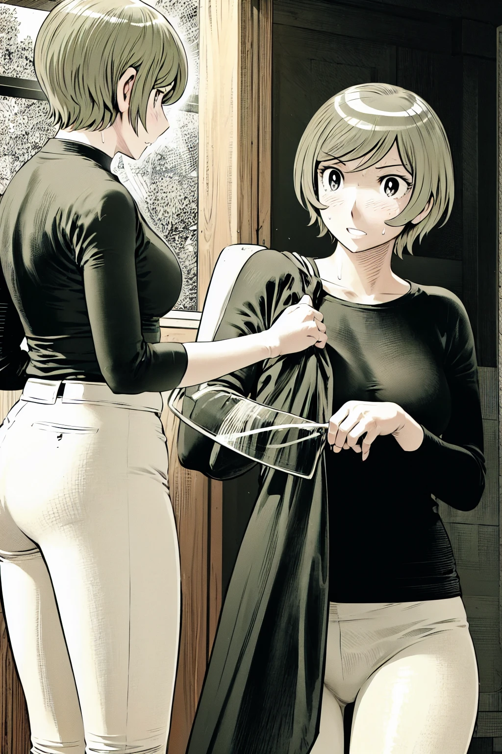 、(masterpiece、Highest quality)、Highest quality, Ultra-high resolution, (((masterpiece))), alone, Sweat、Big eyes,Tight black shirt、Tight white pants、belt、indoor、Composition from the front、(Cut the back hair short、short hair、blonde、woman)、Shortcuts、Embarrassed face、Cut your hair short、可愛いwomanの子、Big Breasts、Inside the room、Full Color、Baseball uniform