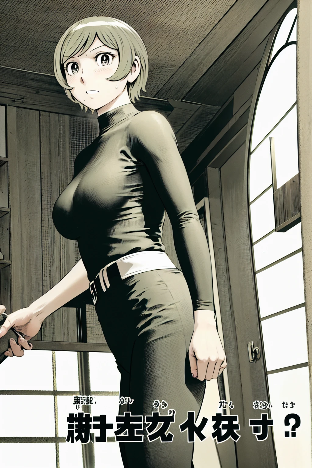 、(masterpiece、Highest quality)、Highest quality, Ultra-high resolution, (((masterpiece))), alone, Sweat、Big eyes,Tight black shirt、Tight white pants、belt、indoor、Composition from the front、(Cut the back hair short、short hair、blonde、woman)、Shortcuts、Embarrassed face、Cut your hair short、可愛いwomanの子、Big Breasts、Inside the room、Full Color、Baseball uniform