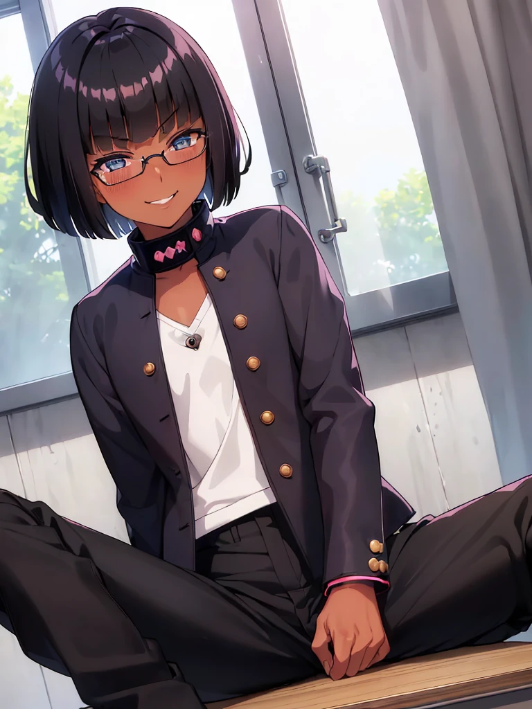 (1 girl solo),(dark skin:1.5),(masterpiece:1.2), highest quality, High resolution, unity 8k wallpaper, (fine and beautiful eyes:1.6), highly detailed face, perfect lighting, Detailed CG, (perfect hands, perfect anatomy),20 years old, (black hair:1.3), detailed eyes, best quality, extremely detailed, very precise detailed, (glasses:1.4), , (straight hair:1.5), (evil smile:1.4) ,long sidelocks, (blush:1.3),(gakuran,long pants:1.5),(very short pixie cut:1.4),(blunt bangs:1.4), (greaming skin:1.3),(in class room:1.3),(sit on desk:1.4),(spread legs:1.5),(flat chest:1.3)