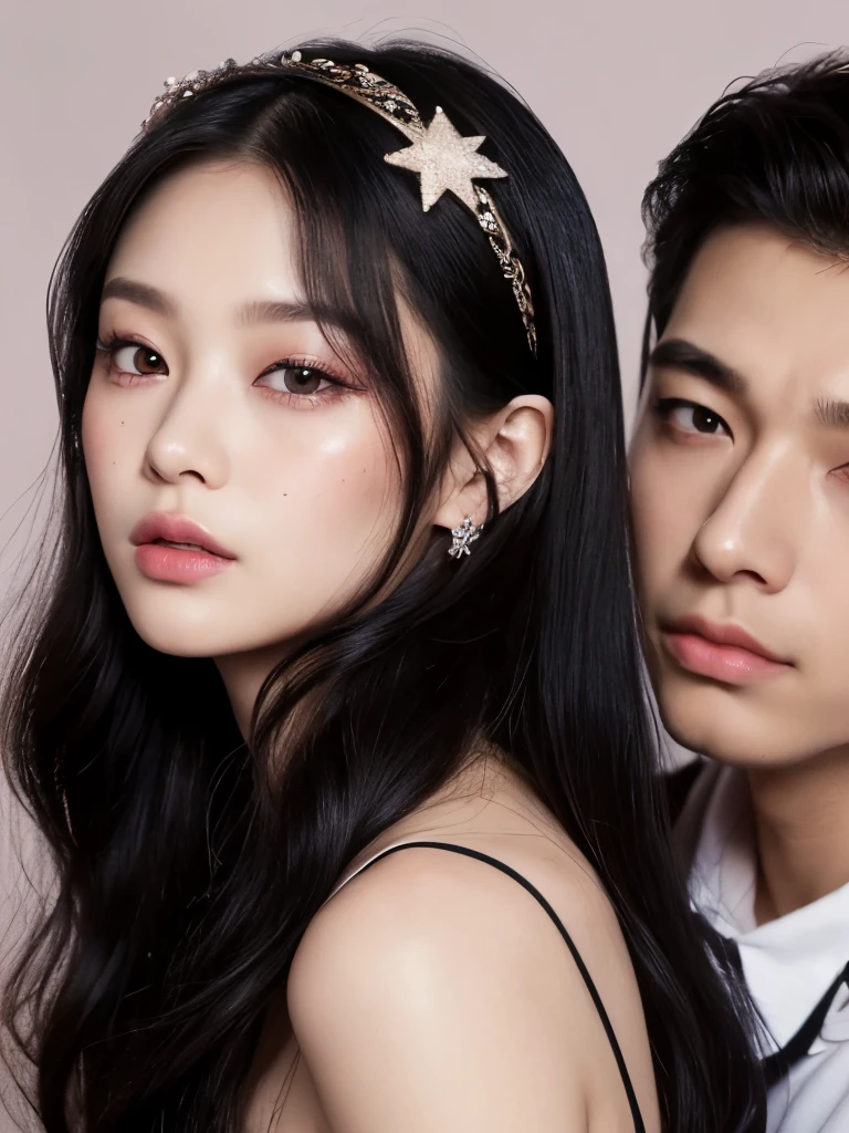 Kim Jennie with dark black hair, with curlers at the ends of dark black hair, with a star clip in her dark black hair, light colored eyes, pretty eyes, crying eyes, pretty, upturned nose, Pretty lips, pink lips, heart and cupid shaped lip, pretty skin, Pale and white skin, with moles and freckles all over his face, soft pink blush on the cheeks, natural pink blush, dark and gothic makeup, Gothic Jennie, while she is with a cute boy by her side, with a cute asian boy standing next to her, while there is a man&#39;s torso, while the man&#39;His hand is on her jaw., beautiful man&#39;s hands, with a gothic boy, nice collars, marked collar, frown, angry look, with a kiss necklace, a pretty kiss necklace, while showing her naked breasts, while her nipples have two pink paper hearts, She has nipples with pink paper hearts (big breasts, soft breasts, nice breasts, natural breasts), with a boy by his side, with her boyfriend, looking to the camera, autophoto