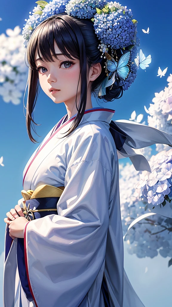 white without dirt Japanese kimono bride Apparition blue sky,Best Quality, Masterpiece, Ultra High Resolution, (Realisticity: 1.4), Original Photo, Cinematic Lighting,butterflyBackground,A kimono with a hydrangea pattern,blue sky