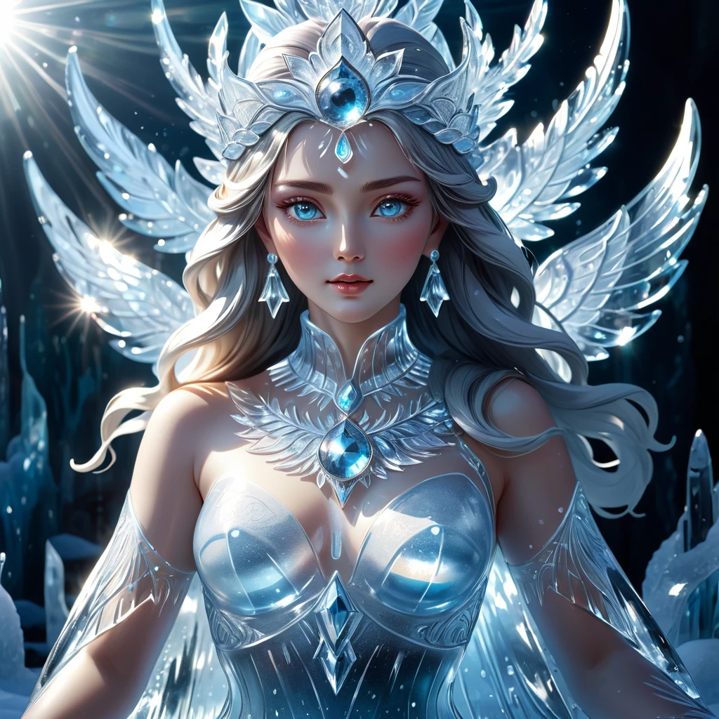 A very beautiful ice statue of a goddess, Transparent ice,illuminated by sunlight and reflected divinely,(((masterpiece))), (((best quality))), ((ultra-detailed)), (illustration), (detailed light),((an extremely delicate and beautiful)),(beautiful detailed eyes),