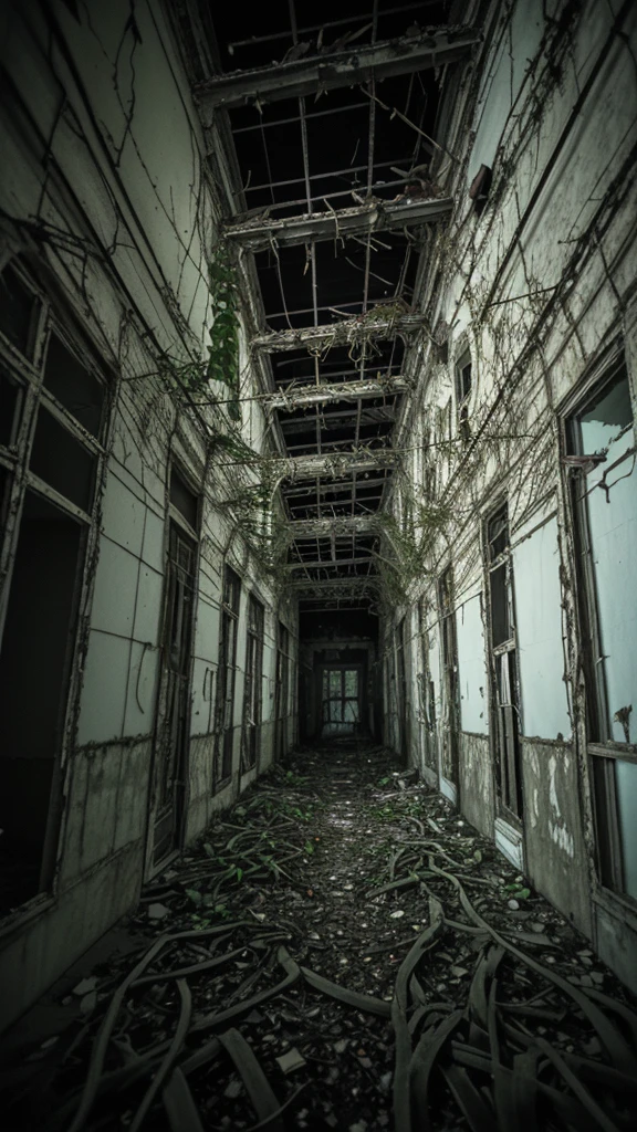 Vines crawling up its walks like skeletal fingers. In abandoned building. In night