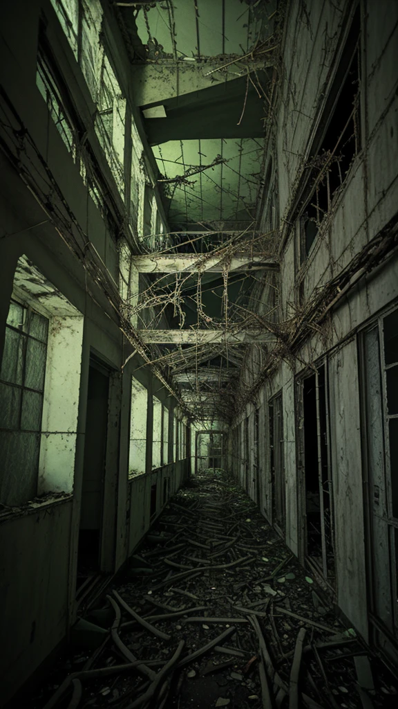 Vines crawling up its walks like skeletal fingers. In abandoned building. In night