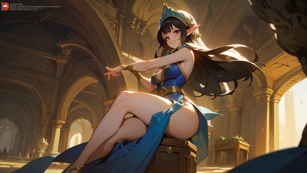 Anime Style,Nostalgic,Detailed background,The medieval world,A palace-like cave,A beautiful elf bard with black hair and a smile,Large Breasts,Healthy thighs,Underarm,M-shaped legs