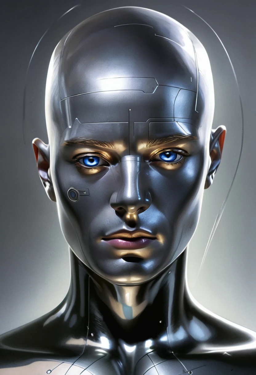 1 futuristic bald man, plano americano , without any facial features, It seems that his face is lined with some type of texture, (ntf image), digital human