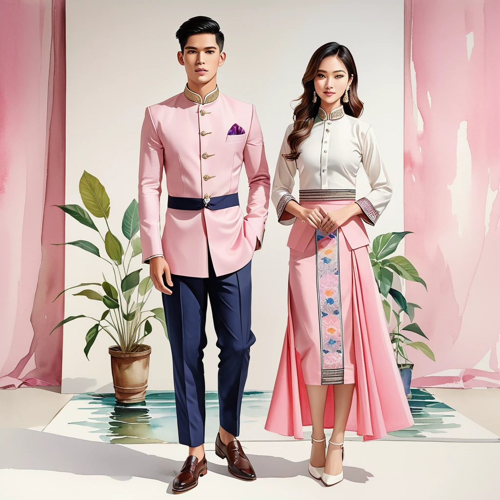 candid fashion illustration of two young man and women, 20-27 year old, adorned in a meticulously crafted North Thai Lanna traditional costume, ((showcase in cotton handwoven outfit in pink)), simple elegant style, The man wears a simple long-sleeved white mandarin collar suit, paired with Tailor pants, and oxford shoes, The woman complements him with ankle-length pencil skirt, with simple minimal patterns details, fitted intricately decorated blouse that complements the skirt, Captured in full-body image, stand still, look at the viewer, ((the imperfect backdrop)), sketching, realistic drawing, imperfect water color painting, fashion look book, fashion illustrator, sketch design, the image boasts high-quality, Lanna style, North Thai traditional costume, natural pink.