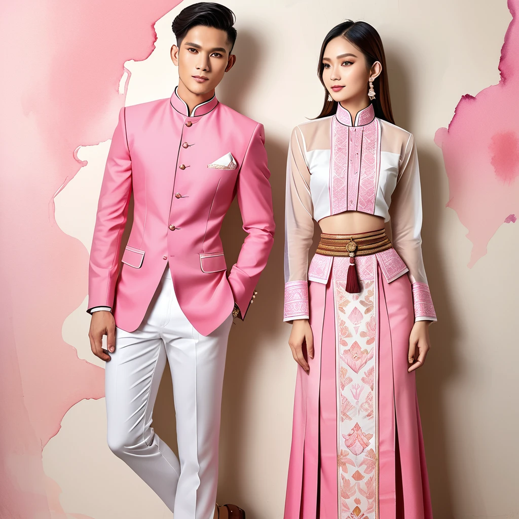 candid fashion illustration of two young man and women, 20-27 year old, adorned in a meticulously crafted North Thai Lanna traditional costume, ((showcase in cotton handwoven outfit in pink)), simple elegant style, The man wears a simple long-sleeved white mandarin collar suit, paired with Tailor pants, and oxford shoes, The woman complements him with ankle-length pencil skirt, with simple minimal patterns details, fitted intricately decorated blouse that complements the skirt, Captured in full-body image, stand still, look at the viewer, ((the imperfect backdrop)), sketching, realistic drawing, imperfect water color painting, fashion look book, fashion illustrator, sketch design, the image boasts high-quality, Lanna style, North Thai traditional costume, natural pink.