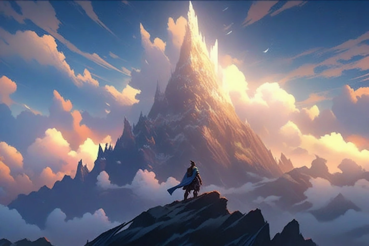 Chinese cartoons, A man standing on a hill looking at a mountain, a wanderer on a mountain, Fantasy art style, Silvaan Sarayi, Ross Chen. Landscape background, , Fantasy art landscape, Chinese cartoons fantasy artwork, The most magnificent scenery, epic Fantasy art style hd, beautiful fantasy Chinese cartoons, rossdraws Global Illumination