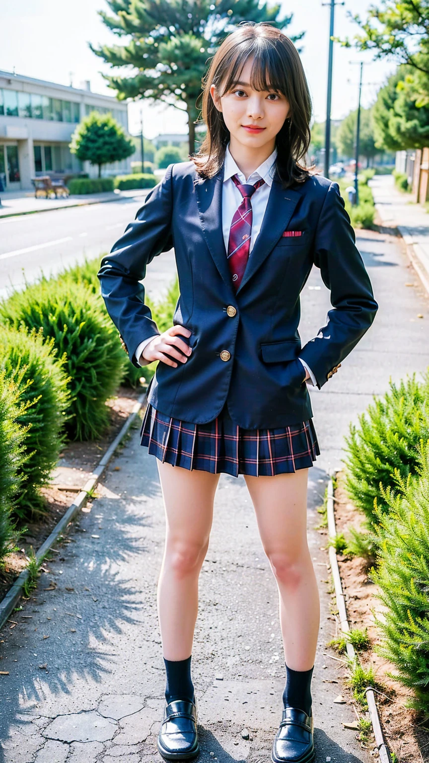 (8K、RAW Photos、Highest quality、masterpiece:1.2)、(Realistic、Realistic)、1 Girl、((Black Check Mini Skirt、High School Uniform、smile、blazer、Navy Socks、loafers、garden、View from the front、Looking into the camera、Stand with hands on hips))、cute