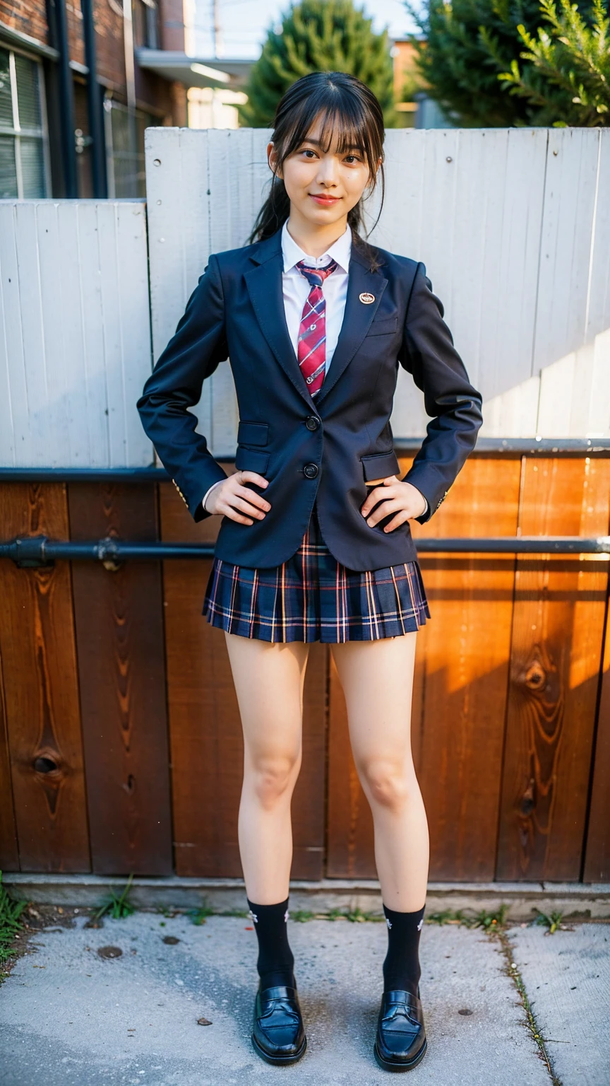 (8K、RAW Photos、Highest quality、masterpiece:1.2)、(Realistic、Realistic)、1 Girl、((Black Check Mini Skirt、High School Uniform、smile、blazer、Navy Socks、loafers、garden、View from the front、Looking into the camera、Stand with hands on hips))、cute