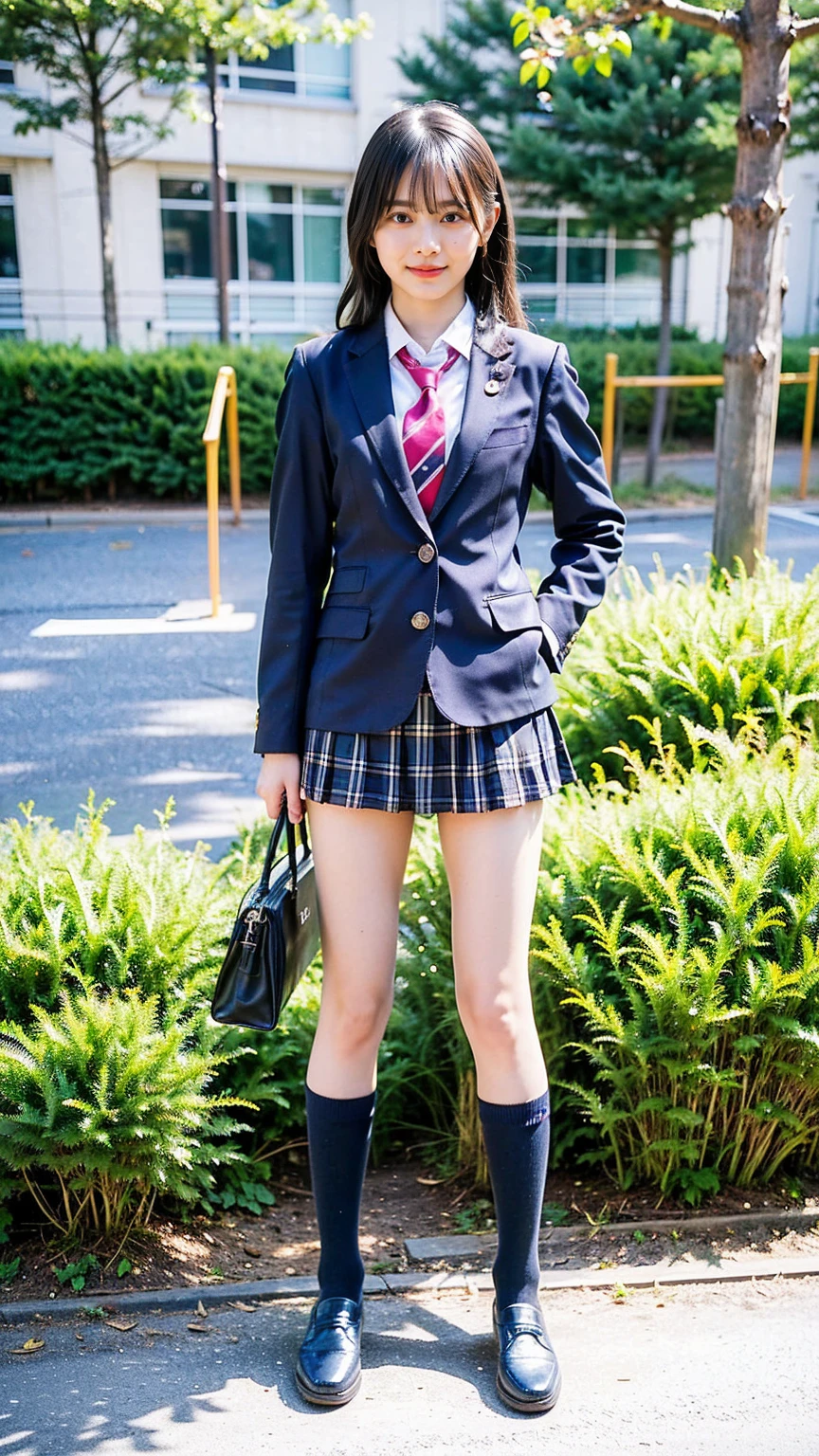 (8K、RAW Photos、Highest quality、masterpiece:1.2)、(Realistic、Realistic)、1 Girl、((Black Check Mini Skirt、High School Uniform、smile、blazer、Navy Socks、loafers、garden、View from the front、Looking into the camera、Stand with hands on hips))、cute