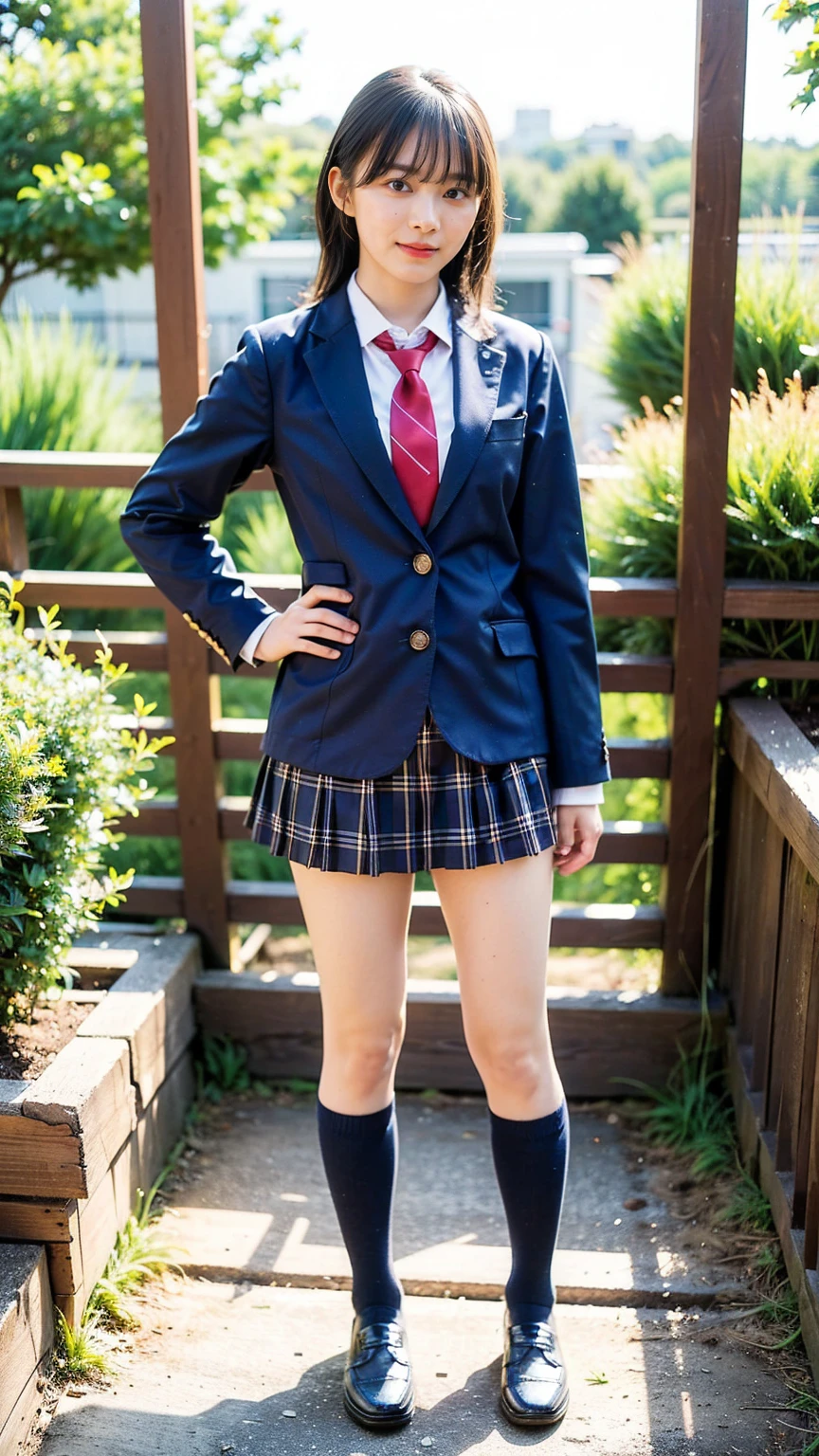 (8K、RAW Photos、Highest quality、masterpiece:1.2)、(Realistic、Realistic)、1 Girl、((Black Check Mini Skirt、High School Uniform、smile、blazer、Navy Socks、loafers、garden、View from the front、Looking into the camera、Stand with hands on hips))、cute