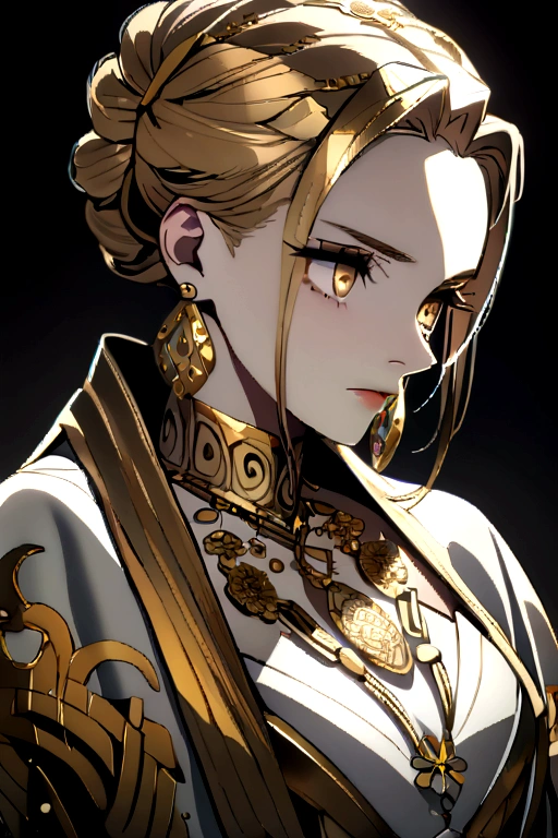 8k,masterpiece,A stunning anime-style portrait of a woman, dressed in a gold, flowing gown with intricate floral patterns. She has a serious, piercing gaze and is adorned with gold jewelry, including earrings and a necklace. The image has a dramatic, cinematic feel with the dark background, highlighting the woman's captivating presence.