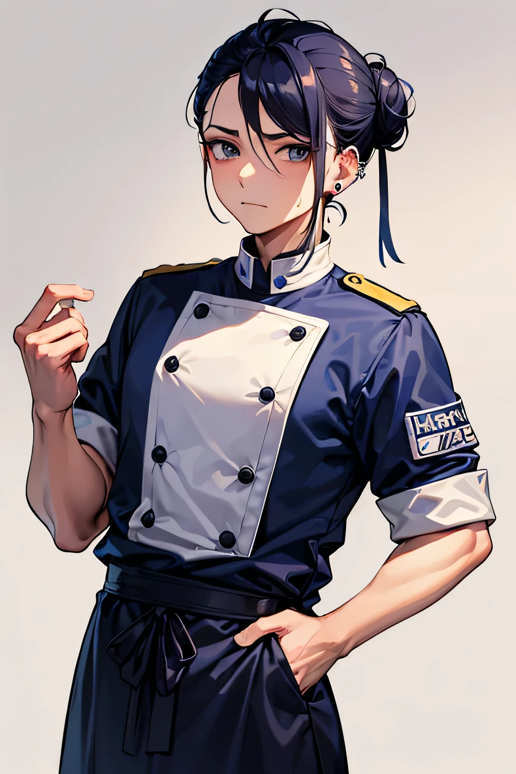 1 man, 25 year old, adult male, cook, chef's uniform, serious expression, dark blue medium length hair in a bun and strands sticking out, piercings on ear, arms crossed in front of chest, white background