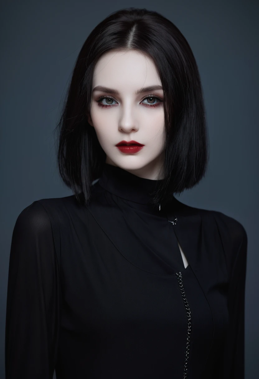 (high quality: 1.3), Lenses, masterpiece, (Clear focus: 1.5), (Reality: 1.3), Medium Portrait (A young beautiful vampire woman, Pale skin, Gothic, Still proud and fierce, Black Straight long Bob Hairstyle, Dark, Wearing a very fine dark tunic, Dark atmosphere, Instead, it uses sharp contrasts of light and dark to create shapes.), It's night, (Very delicate skin), (Delicate face), Detailed background, Dim Lights, Dusk lighting, Volumetric Lighting, Intricate details, Ultra HD,