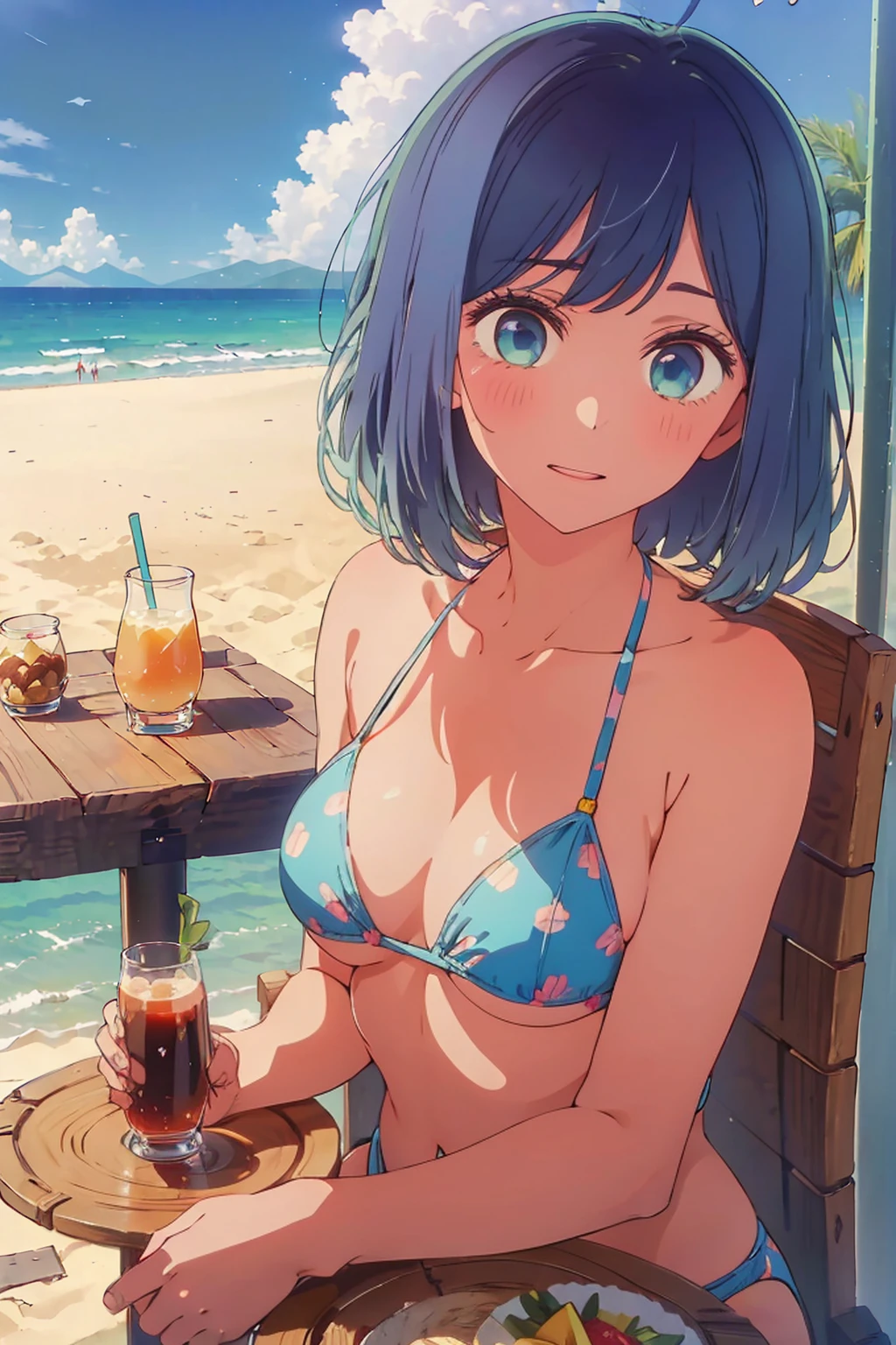(Highest quality:1.4、masterpiece:1.4、Super detailed:1.4、8K:1.4)、((((1 person、Surprised expression、sit、Outdoor café terrace、coastal、juice、table、Sandy Beach、juiceのグラスを持つ、Plain Bikini、Thin bikini、The depth of the written world、Very soft boobs、Big eyes、Very cute face))))、F cup bust、Medium breast、Underboob、Sideboob